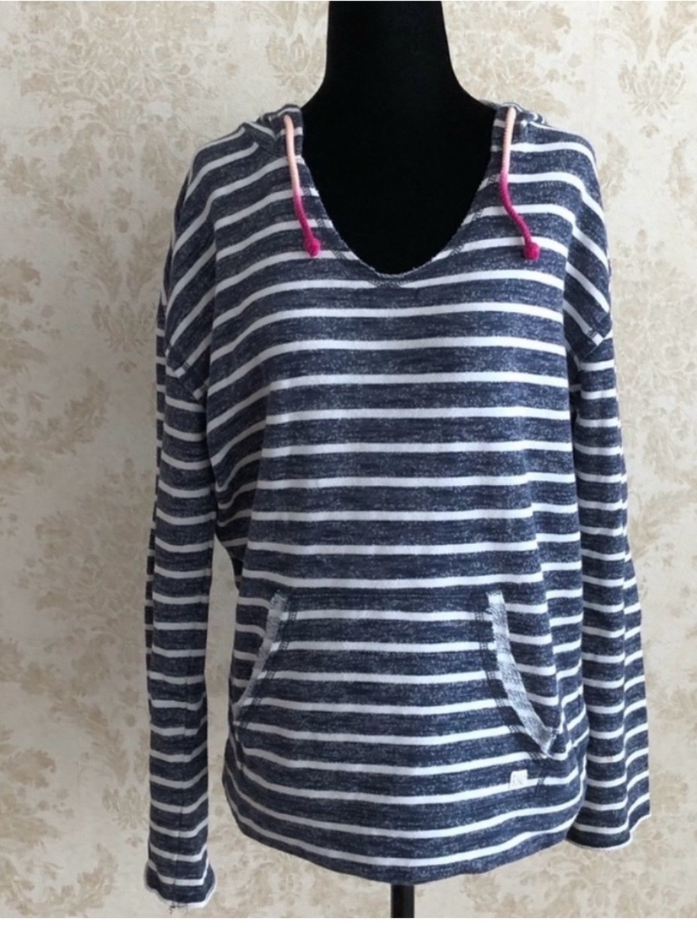 NWOT Billabong Navy and White Striped Hooded Sweatshirt with Pink Drawstrings